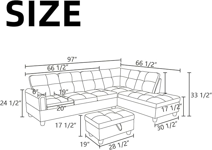 NAYSAYE Sectional Couch with Ottoman Storage, L Shaped Couch Sofa Furniture Sets, Modern Comfy Modular Comfy Sofa for Living Room Bedroom, Office and Apartment, Grey