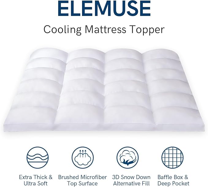 ELEMUSE Twin Mattress Topper for Back Pain, Extra Thick Mattress Pad Cover, Plush Soft Pillowtop with Elastic Deep Pocket, Overfilled Down Alternative Filling