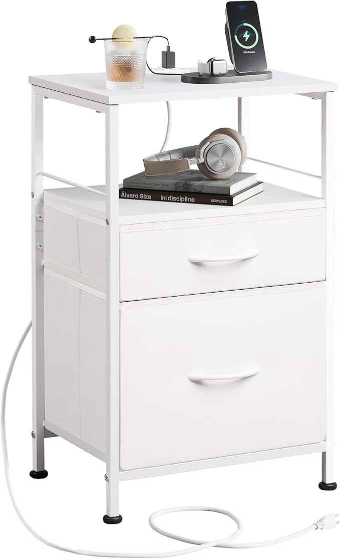 WLIVE Night Stand with Charger Station, White Nightstand with 2 Fabric Drawers, Bedside Table, Small Dresser for Bedroom, Side Table with USB Ports and Outlets