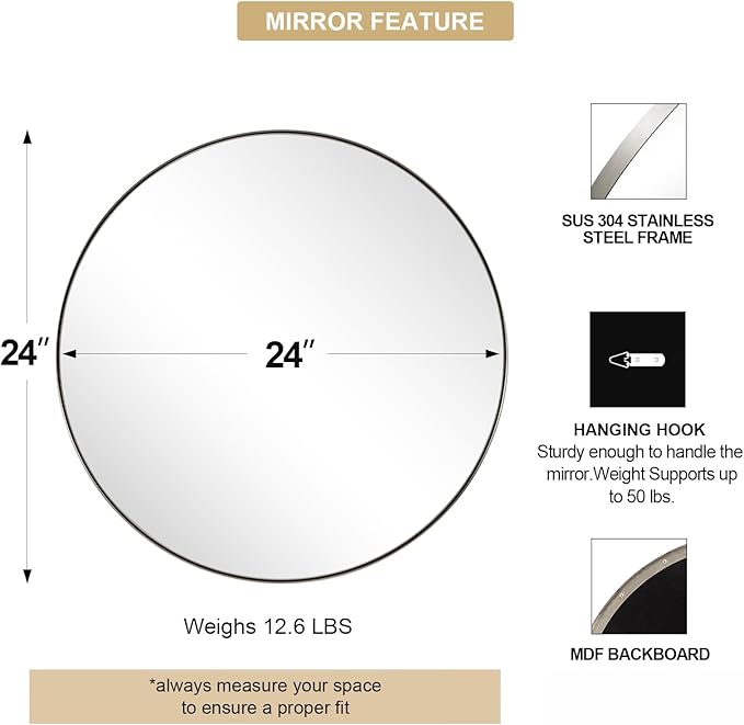 ANDY STAR Round Bathroom Mirror, 24’’ Brushed Silver Round Bathroom Mirrors in Stainless Steel Metal Frame 1" Deep Set Design