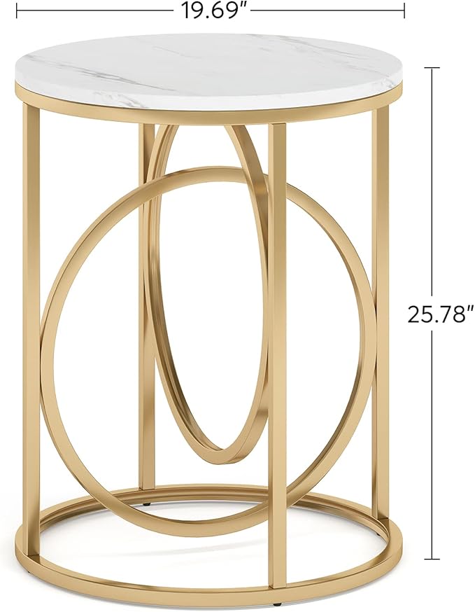 Tribesigns Round End Table for Living Room Set of 2, Modern Marble Side Table with Gold Metal Frame, White and Gold Accent Table, 26-Inch Tall Narrow Nightstand for Bedroom