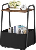 Rustic Brown Metal Frame Nightstand - Small Side Table with Fabric Storage Basket and Handle - Ideal for Bedroom & Living Room & Dorm