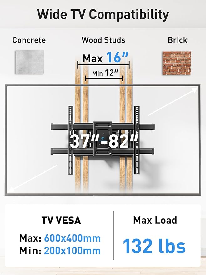 PERLESMITH Full Motion TV Wall Mount for Most 37-82 inch TVs up to 132 lbs, TV Mount with Dual Articulating Arms with Tilt and Extension, Fits 12" 16" Studs, Max VESA 600x400mm, PSLFK1