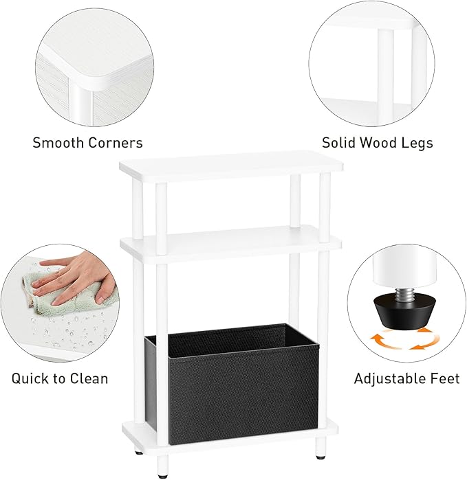 Narrow Side Table with Fabric Basket, 7" Wide, 3 Tier Skinny End Table with Wood Legs, Slim Nightstand/Bedside Table for Small Spaces, with Adjustable Feet, 15.7" L x 23" H, White