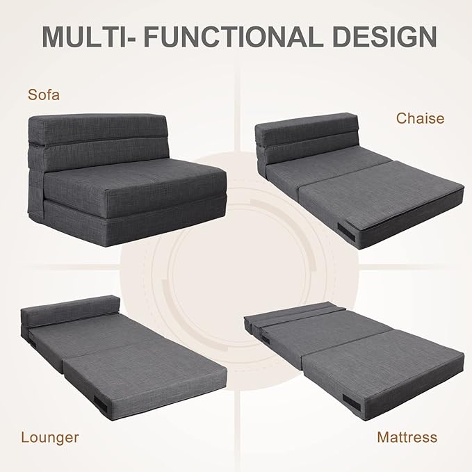 Queen Size Folding Sofa Couch Memory Foam with 2 Pillows Sleeper Chair Lazy Couch Triple Futon Convertible Guest Beds, Washable Cover,Dark Gray
