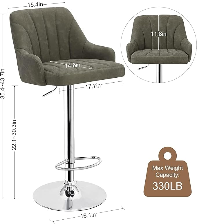 VECELO Adjustable Barstools Set of 4, Counter Bar Stools with Back and Arm, Kitchen Island Stools Swivel Bar Chairs for Pub Dinning Room, Dark Gray