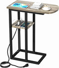 C Table End Table with Charging Station, Couch C Shaped Side Table for Living Room, Bedroom, Laptop Table with USB Ports and Type-C Port, Snack Tray Table for Couch