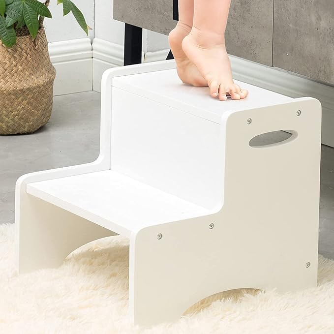 WOOD CITY Toddler Step Stool, Wooden 2 Step Stools for Bathroom Sink Potty Training Kitchen Dual Height Stool Helper for Kids Bonus Non-Slip Pads and Handles for Safety (White)