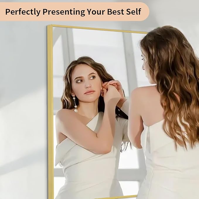 Koonmi Gold Mirrors for Wall, 24x36 Inch Bathroom Mirror, Rectangular Wall Mirror for Living Room Bedroom Bathroom, Hangs Horizontally or Vertically
