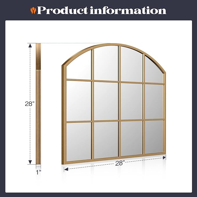 Window Pane Gold Mirror, 28" x 28" Farmhouse Arched Wall Mirror, Brass Rustic Arch Mirrors Large Grid Mirror for Living Room Bedroom Farmhouse Fireplace Hallway Entryway