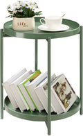 TeoKJ 2 Tier Green Side Table, Folding Round Metal End Table Small Nightstand with Two Removable Tray for Bedroom Living Room Bedside Small Spaces Dark Green