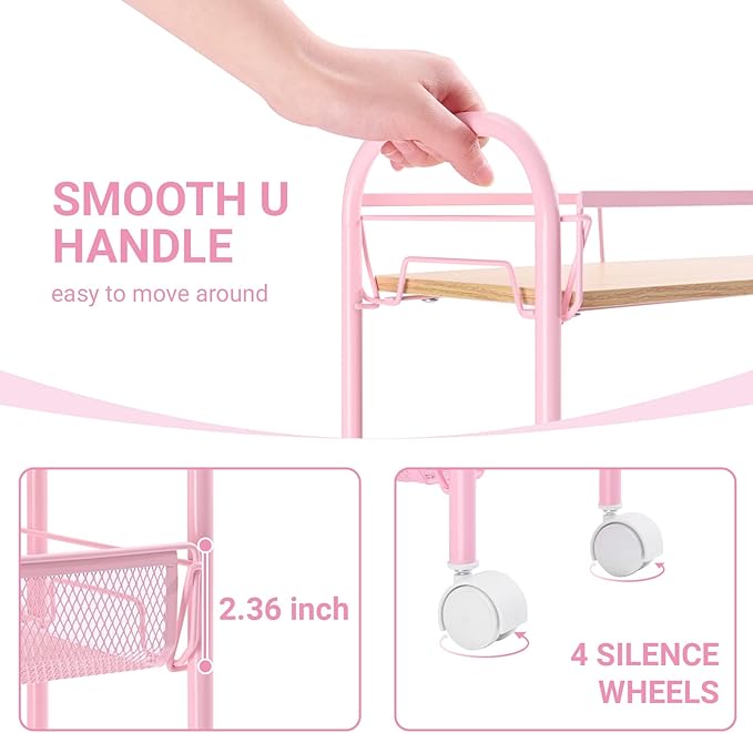 KINGRACK 4-Tier Slim Rolling Cart with Wooden Tabletop, Easy Assemble Metal Utility Cart, Slide Out Narrow Storage Cart for Narrow Space on Bedroom Bathroom Laundry Room Apartments Dormitory, Pink