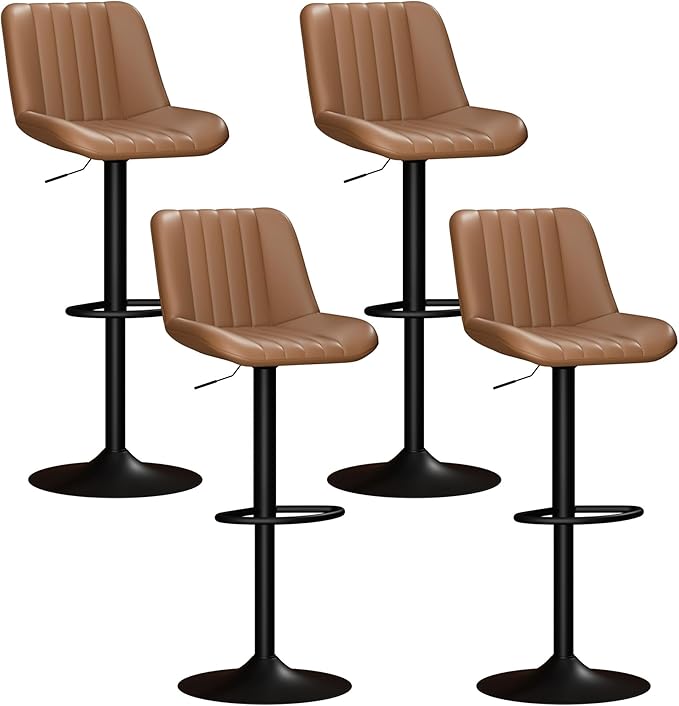 Shintenchi Swivel Bar Stools Set of 4, Adjustable Faux Leather Upholstered Swivel Counter Stools, Armless Bar Height Island Chairs with Back and Footrest, Brown