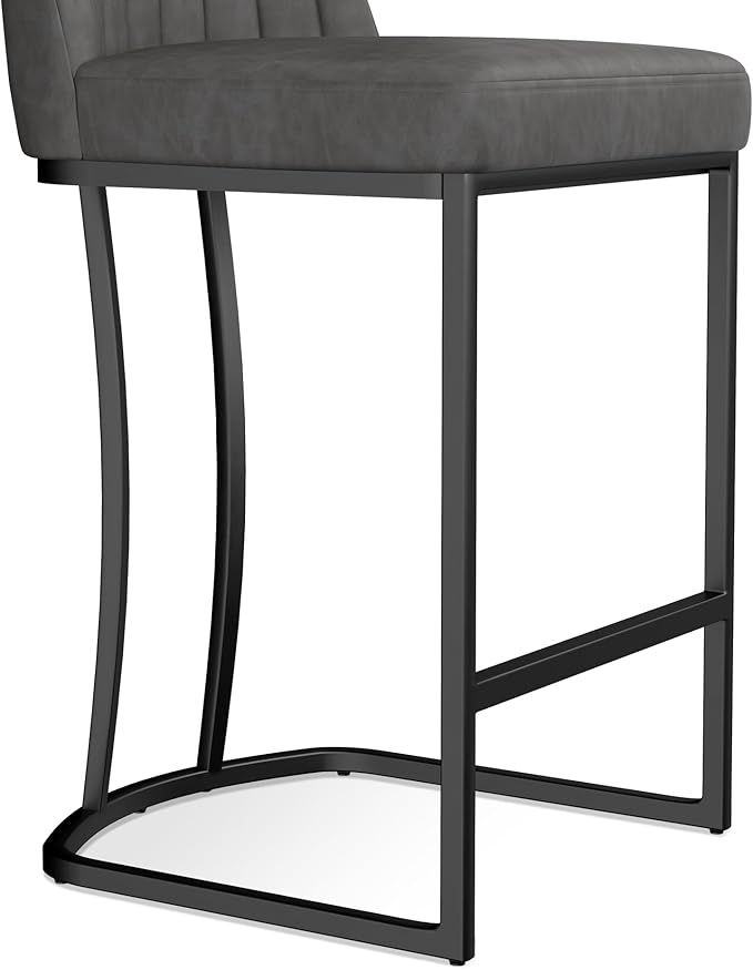 Counter Height Bar Stools Set of 4, Upholstered Leather Barrel Barstools with Back and Metal Legs for Kitchen Island, 27.4" Seat Height, Fabric in Faux Leather, Rustic Grey