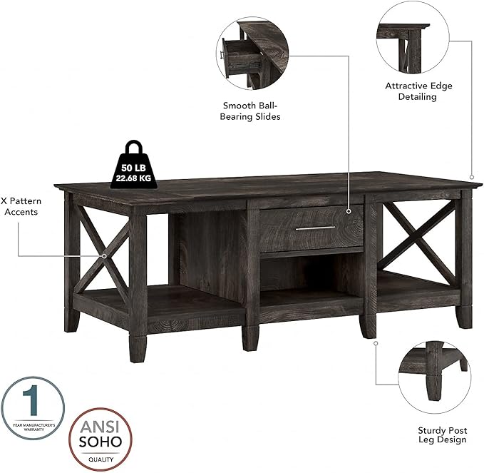 Bush Furniture Key West Coffee Table with Set of 2 End Tables in Dark Gray Hickory