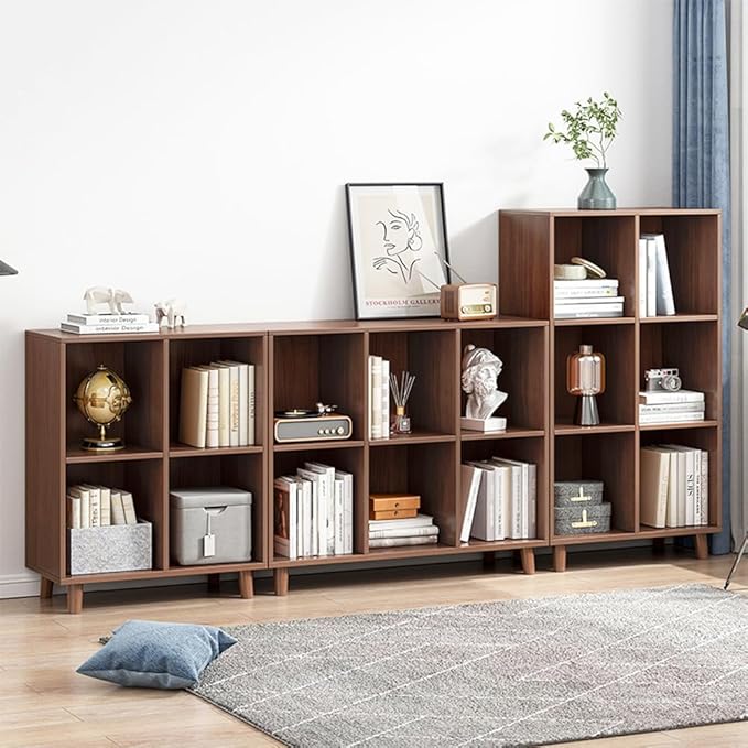 IOTXY Open Cube Low Bookcase - 3-Tier Freestanding Storage Display Cabinet Organizer with Legs for Home Office, 3-Cubes Open Shelf Short Bookshelf, Walnut