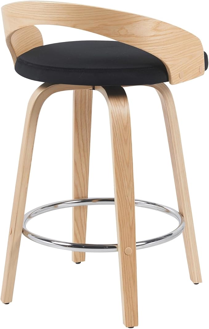 Sonia Modern Swivel Counter Height Bar Stool with Black Upholstered Seat and Patterned Oak Wood Finish Set of 2