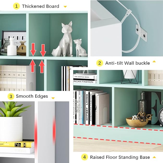 IOTXY Open Shelf Low Bookcase - Wooden 3-Tier Floor Standing Display Cabinet Organizer with Base, 5 Cubes Short Horizontal Bookshelf in Tiffany-Green