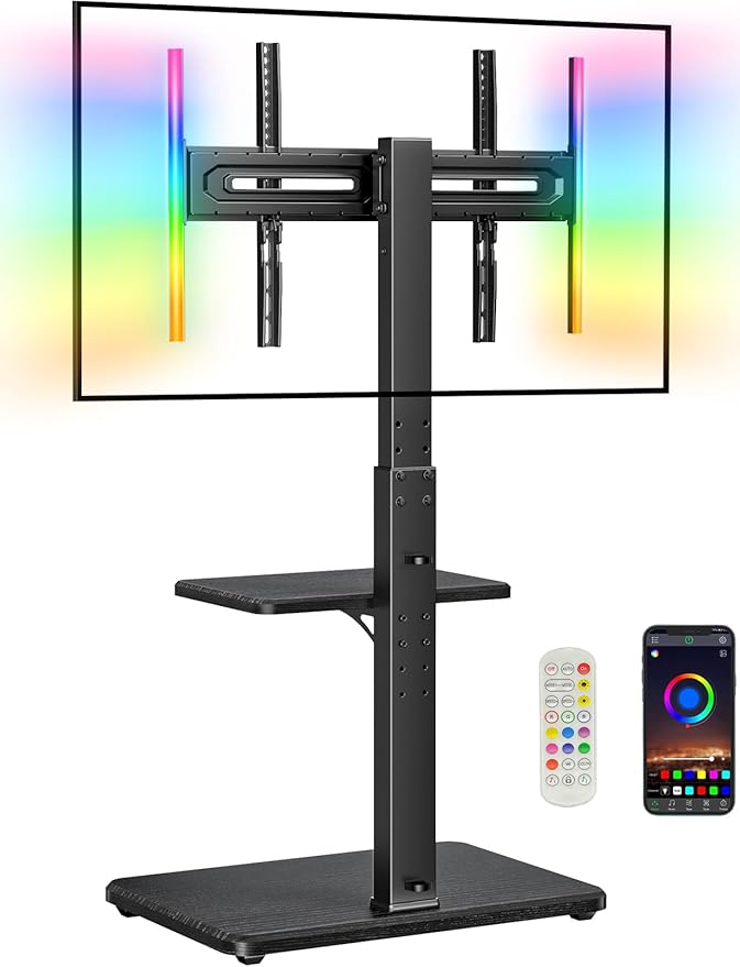 Perlegear Floor TV Stand with LED Light for 32”-75" TVs, Tall TV Stand with Swivel and Tilt, 12 Height Levels TV Mount Stand, Solid Wood Base up to 110 lbs for Living Room, Max VESA 600x400mm, PGFS21B