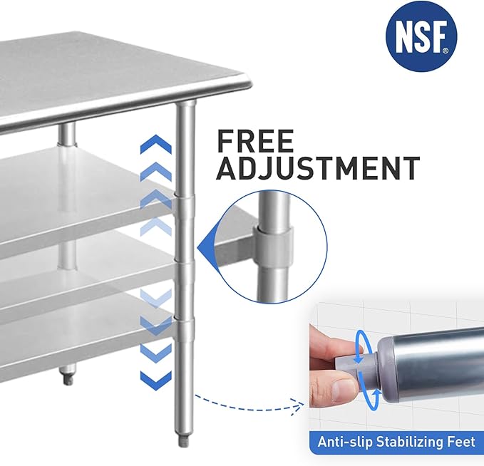 ROCKPOINT Stainless Steel Table for Prep & Work 18x30 Inches, NSF Metal Commercial Kitchen Heavy Duty Table with Adjustable Under Shelf and Table Foot for Restaurant, Home and Hotel
