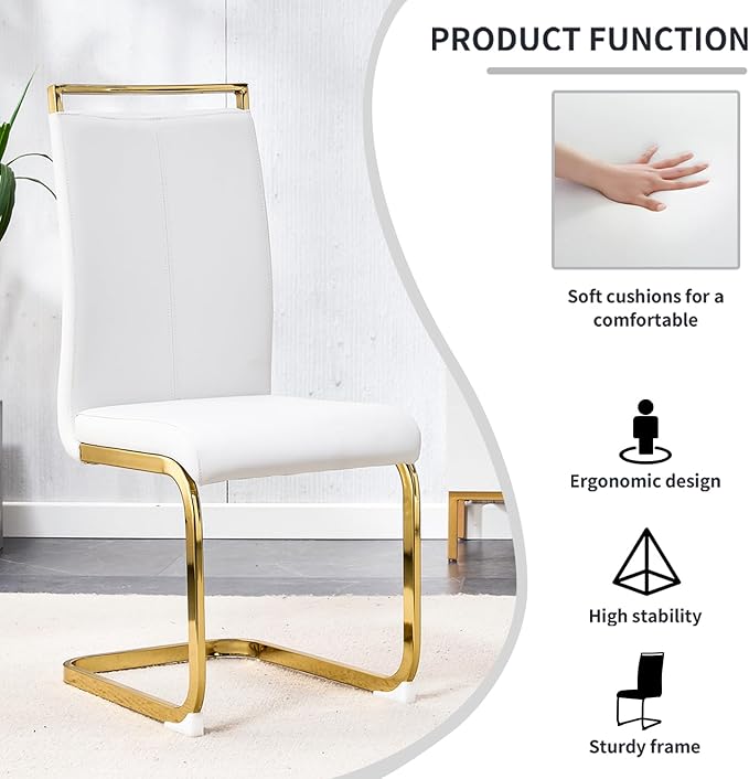 Modern Dining Chairs Set of 6,High Back White Kitchen Chairs,Faux Leather Side Chair with Gold Plated Metal Legs,Easy to Clean Upholstered Dining Chairs,Ideal for Living Room(Gold Leg)