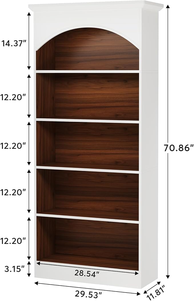 LITTLE TREE 70.9" White Bookcase, 5-Tier Tall Bookshelf with Open Shelves, Wooden Vintage Free-Standing Book Shelf for Living Room, Home Office, Bed Room
