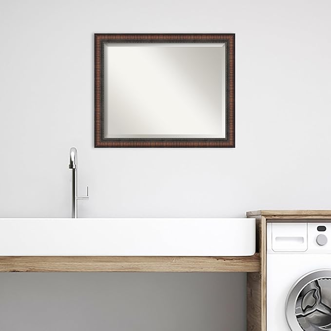 Amanti Art Brown Bathroom Mirror for Over Sink, 26x32 Caleb Brown Rectangle Vanity Mirror, Large Rustic Farmhouse Frame, Hangs Horizonally and Vertically, Bathroom Wall Decor, Beveled Edge