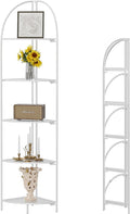 Crofy Foldable 5 Tier Corner Shelf, Metal Corner Plant Stand with White Frame and Transparent Shelves, Corner Display Rack Multipurpose Shelving Unit for Living Room, Bedroom, Bathroom