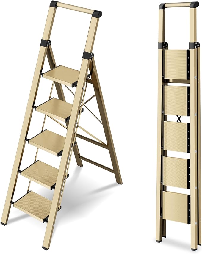 5 Step Step Ladder,Lightweight Folding Step Stool with Anti-Slip Aluminum Wide Pedal&Convenient Handgrip,Steel Ladder for Household and Office(Gold)