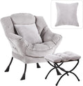 Large Lazy Chair with Ottoman, Accent Reading Chair with a Soft Grey Throw Pillow, Cozy Lounge Chair with Armrest, Leisure Sofa Chair for Living Room, Bedroom, Dorm, Velvet Soft Grey