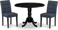 East West Furniture DLAS3-BLK-09 3 Piece Dining Table Set consists A Wood Table and 2 Dark Navy Blue Polyester Fabric Parson Dining Chair with Stylish Back- Black Finish