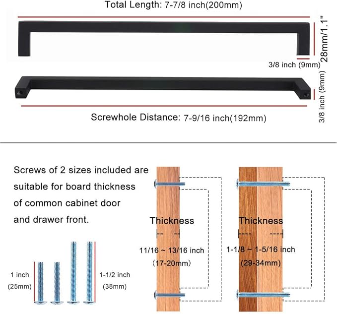 KOOFIZO Solid Square Bar Cabinet Handle - Black Furniture Pull, 7.6 Inch/192mm Screwhole Distance, Pack of 5 for Kitchen Cupboard Door, Bedroom Dresser Drawer, Bathroom Wardrobe Hardware