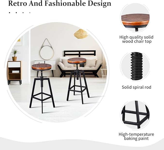Set of 2 Industrial Vintage Kitchen Bar Stools Counter Height 25.6-31.5-inch Adjustable Stool for Pub,Kitchen,Home