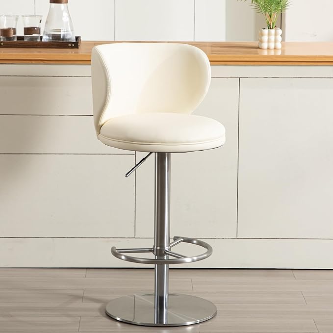 Stainless Steel Bar Stools,Grade Modern Leather Bar Chair with Backrest,Swivel Adjustable Height for Kitchen Counter and Dining Room (White Leather-1pc)