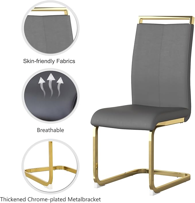 Modern Dining Chairs Set of 4,High Back Grey Kitchen Chairs,Faux Leather Side Chair with Gold Plated Metal Legs,Easy to Clean Upholstered Dining Chairs,Ideal for Living Room(Gold Leg)