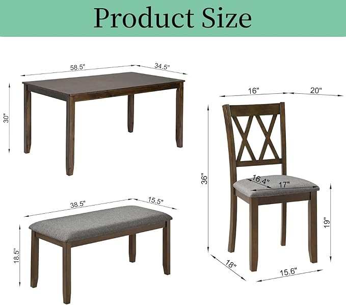 Dining Table Set, Wooden Kitchen Table Set with Rectangular Table, 4 Vertical X Backrest Upholstered Chairs & a Bench, Table and Chairs with Non-Slip Feetmats for 6 People, Living Room, Walnut