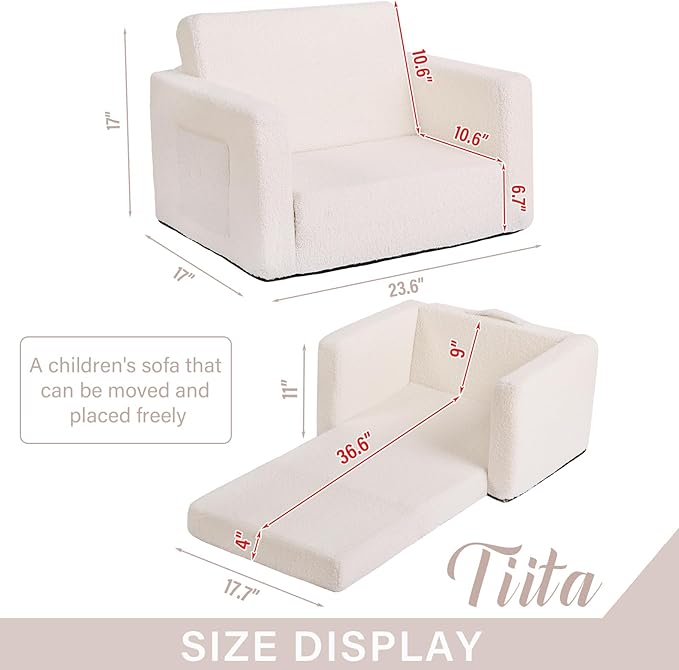 Tiita Kids Chairs for Toddler, 2-in-1 Toddler Soft Sherpa Couch Fold Out, Convertible Sofa to Lounger for Girls and Boys, Beige