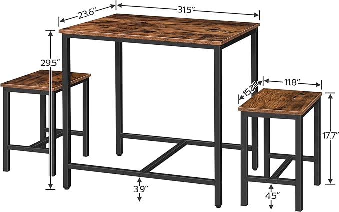 HOOBRO 3-Piece Industrial Dining Table Set, Kitchen Table, Space Saving Dinette for Kitchen, Dining Room, Small Space, Breakfast Nook, Living Room, Party, Rustic Brown and Black BF75CZ01G1