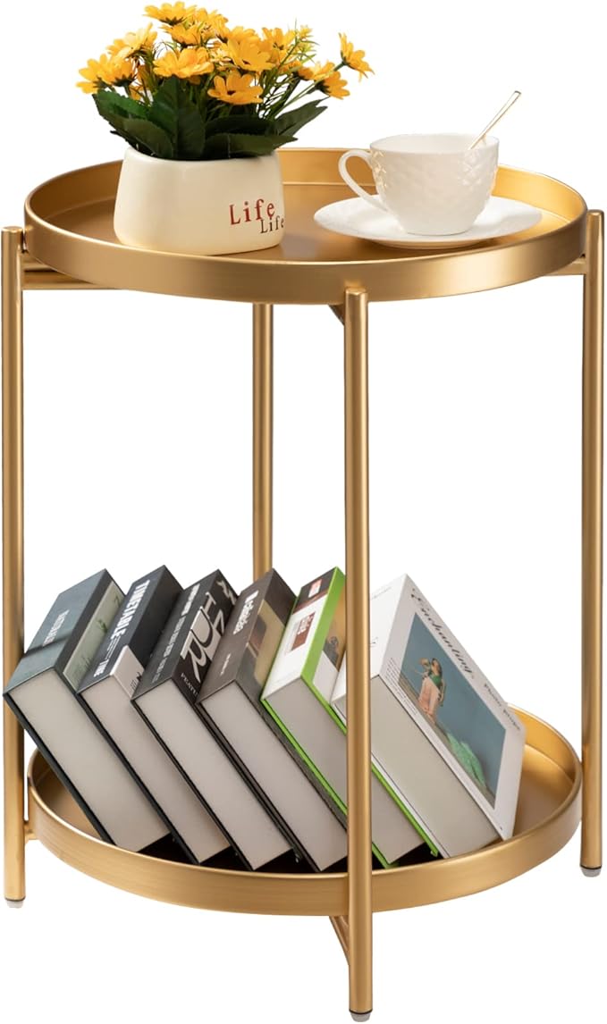 TeoKJ 2 Tier Round Side Table, Folding Metal Small Bedside Nightstand for with Two Removable Tray for Bedroom Living Room Bedside Small Spaces Gold