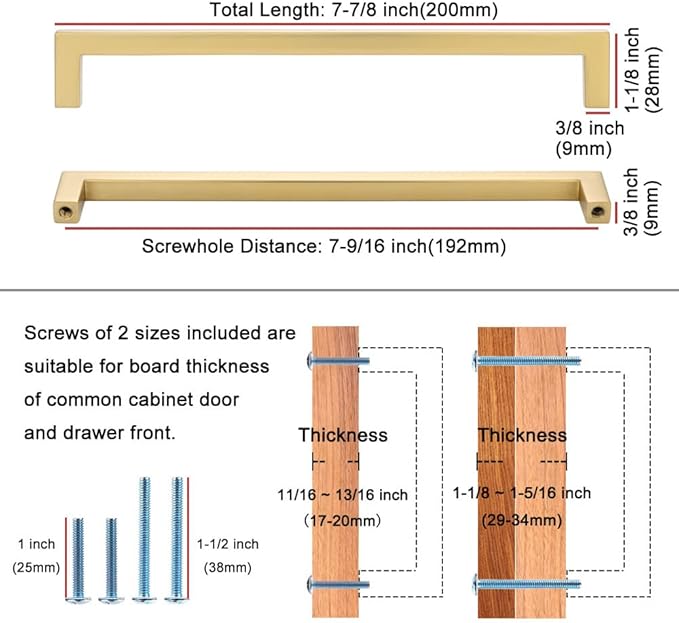 KOOFIZO Solid Square Bar Cabinet Handle - Brushed Gold Furniture Pull, 7.6 Inch/192mm Screwhole Distance, 1-Piece for Kitchen Cupboard Door, Bedroom Dresser Drawer, Bathroom Wardrobe Hardware