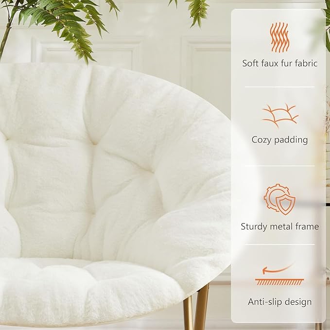 Saucer Chair Faux Fur with Soft and Thick Padded Seat Metal Frame, Modern Style Folding Cozy Chair for Living Room, Bedroom, XL, White