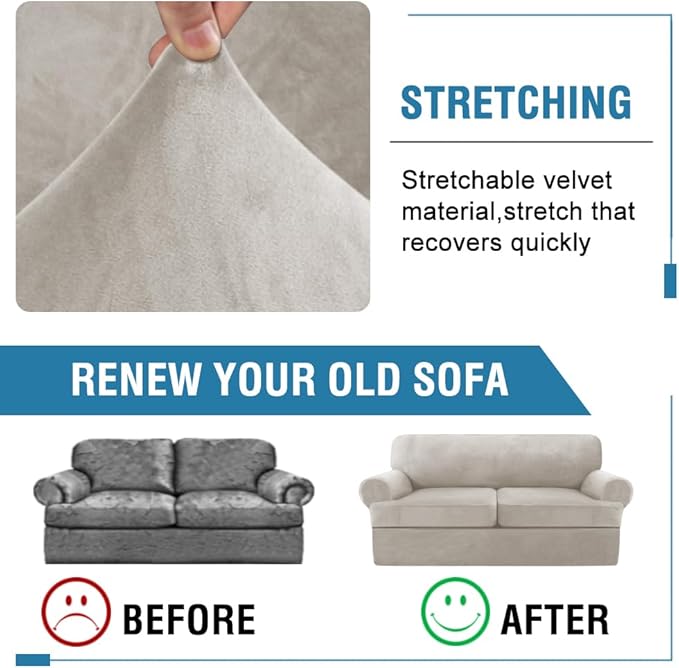H.VERSAILTEX Sofa Cover 3 Piece T Cushion Loveseat Slipcovers Thick Velvet Couch Cover Stretch T Cushion Sofa Covers for 2 Cushion Couch with 2 Individual T Cushion Covers Washable, Oatmeal
