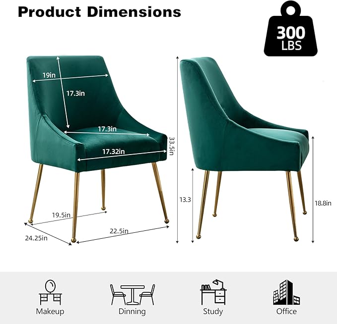 Velvet Dining Chairs Set of 2, Furniture Collection Modern Contemporary Upholstered with Polished Gold Metal Legs(Green)