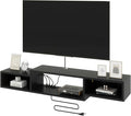 IBUYKE 59" Floating TV Stand Wall Mounted with Power Outlet,Wood Wall Mounted Media Console Shelf,Floating Entertainment Center for Under TV Storage for Living Room Bedroom Office,Black WST007B