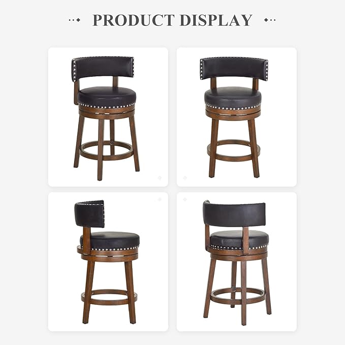 COLAMY Swivel Bar Stools Set of 4, 25 Inch Wood Swivel Barstools with Back, Counter Height Bar Stools, Modern Upholstered Barstools for Kitchen Island Dining Room Bar, Dark Brown