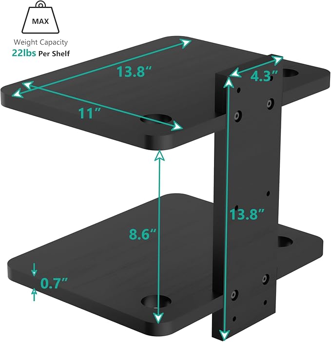 WALI Projector Mount Floating TV Shelf, Holds Up to 22lbs, Wooden Wall Mounted Shelves Under TV Shelf for DVD Players, Cable Boxes, Routers, Game Consoles, PlayStation Accessories (CS202NB), 2 Shelves