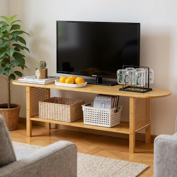 Tiita TV Stand with Storage for TVs up to 65'', Bamboo TV Console Entertainment Center with 2 Open Shelf, Mid Century Modern Media Console for Living Room, Bedroom, Wood