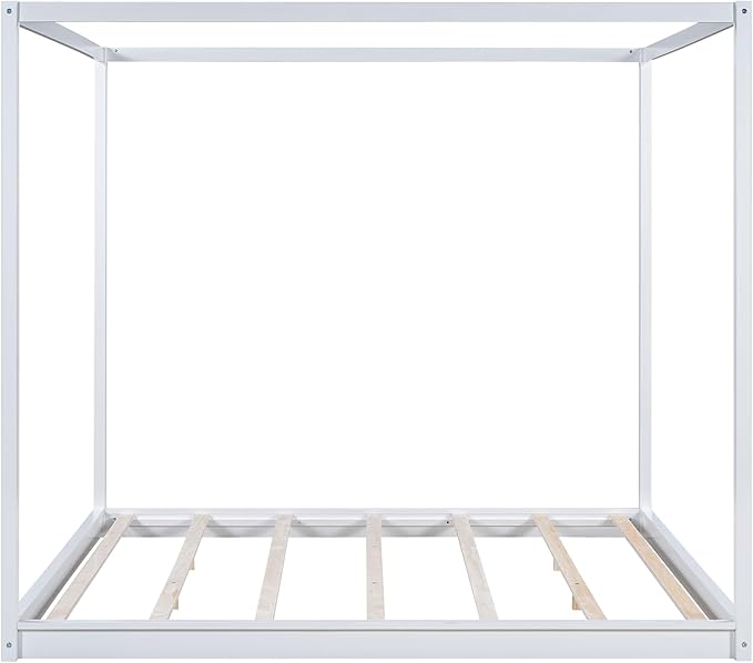 King Size Canopy Platform Bed with Support Legs,Solid Wood Bed Frame,4-Post Canopy-Platform-Bed for Kids Teens Adults, No Box Spring Needed,White
