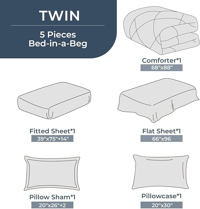 HEVUMYI Twin Comforter Set - 5-Piece All Season Bed in a Bag Twin, Ultra Soft Bedding Set with Comforter, Flat Sheet, Fitted Sheet, Pillowcases, Pillow Shams, Dark Grey & Light Grey