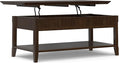 SIMPLIHOME Acadian Lift Top Coffee Table - 48 inch Wide Solid Wood Transitional Pop-up Cocktail Table in Brunette Brown, Classic Living Room Table with Lift-up Storage Compartment and Open Shelf